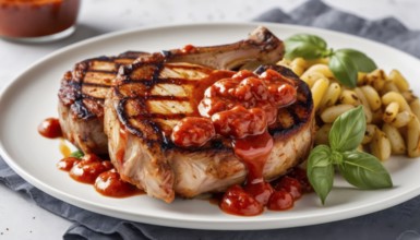 This delicious meal features perfectly grilled pork chops, a rich tomato sauce, and fresh basil for