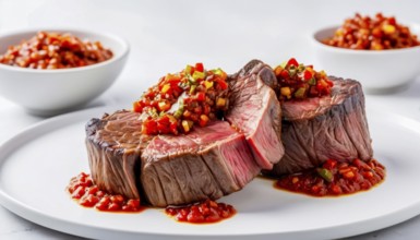 This mouthwatering dish features perfectly cooked steak topped with a colorful salsa, ready to be