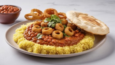 This flavorful dish features a vibrant yellow rice base, topped with savory beans and crispy onion