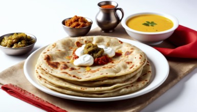 This image showcases a stack of paratha, a popular Indian flatbread, alongside a variety of