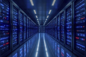 This image showcases a modern data center with rows of server racks, illuminated by blue lights,