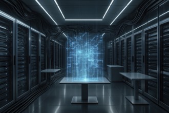 This image showcases a futuristic data center with server racks and a digital display, representing