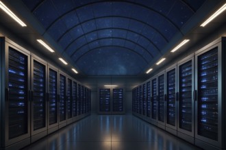 This futuristic data center showcases advanced technology and secure data storage solutions, AI
