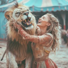 Lion trainer performs on the stage of a traveling circus, AI generated