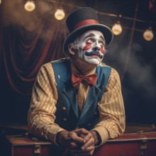 Tired clown after the end of the circus performance, AI generated