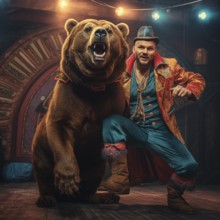 Bear with trainer in the circus arena, AI generated