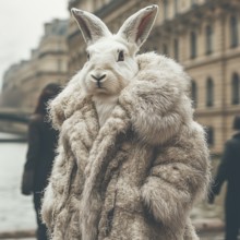 Hare in a wolf fur coat on a city street in winter, AI generated