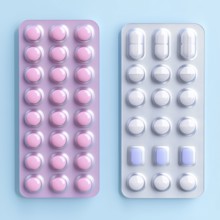 Pills in packages on a blue background, health care, AI generated