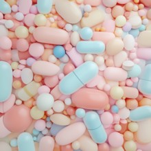 Multicolored pills, texture banner, healthcare, AI generated