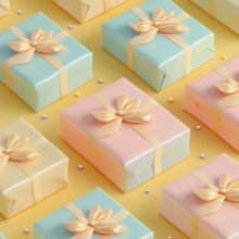 Gift boxes tied with ribbons, in pastel colors, AI generated