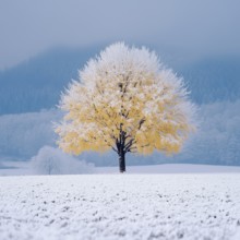 The first snow on the yellow leaves of a lonely tree, on the plain, AI generated