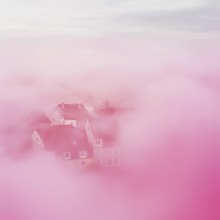 City ??in pink fog, top view, AI generated