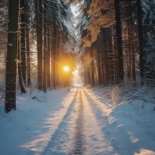 The sun at sunset illuminates the road in the winter forest, AI generated