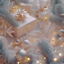 Christmas gifts, Christmas balls, fir branches, AI generated