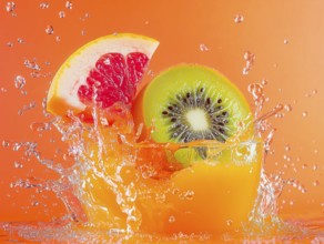 Slice of grapefruit and kiwi in a splash of fruit juice, AI generated