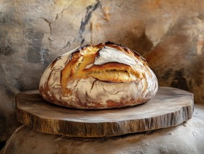Round textured bread lies on a wooden board, homemade baking, AI generated