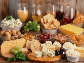 Glasses with drinks, cheeses, olives, tasting set, AI generated