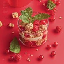 Granola with raspberries, mint, on a red background, AI generated