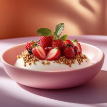 Yogurt with strawberries on a pink background, AI generated