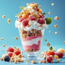 Dessert with granola, yogurt, jam, berries and mint on a blue background, AI generated