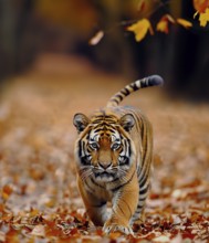 A young tiger walks along the ground strewn with autumn leaves, copy space, AI generated