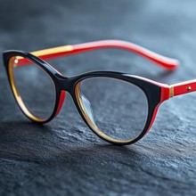 Women's glasses in red frames on a blue texture background, AI generated