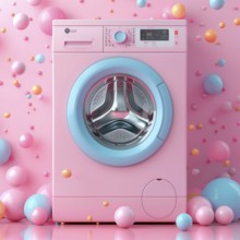 Pink washing machine on a background of colorful balls, AI generated