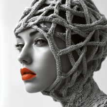Portrait of a girl in a creative knitted hat, AI generated