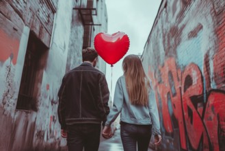 A girl and a guy in love walk past buildings with graffiti, AI generated