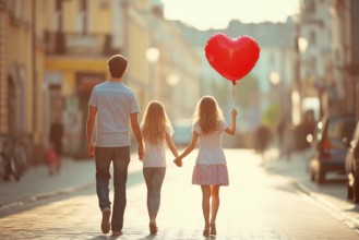 Two girls and their father are walking down the street, the girl is holding a heart-shaped balloon,