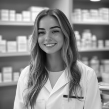 Portrait of a girl pharmacist against the background of medicines, AI generated