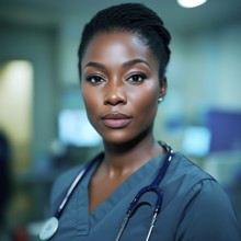 Portrait of a dark-skinned young female doctor in medical clothing with a stethoscope, AI generated