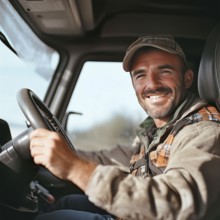 Portrait of a truck driver in the cab of a car, AI generated