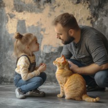 Father and daughter discussing cat care, AI generated