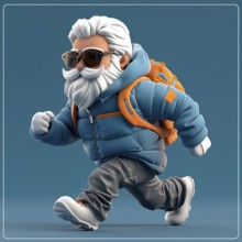 Stylish grandfather in winter clothes with a backpack on a blue background 3d, AI generated
