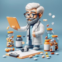 Doctor with tablet among medicine bottles, 3D, AI generated