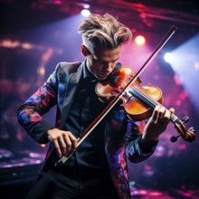 Young violinist performing on stage, neon light, AI generated