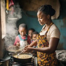 A woman with dark skin color cooks porridge for her small children in the kitchen, AI generated