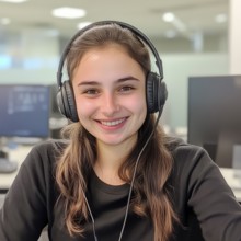 Girl in headphones in a call center office, AI generated