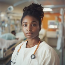 Portrait of a dark-skinned girl doctor in the hospital, AI generated
