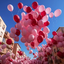 Red and pink balloons fly into the sky, city celebration, AI generated