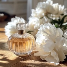 Perfume bottle and white peonies on wooden background, AI generated