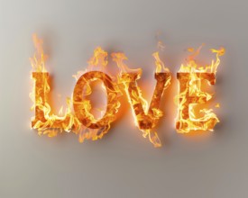 The word love made from burning paper, on a light background, AI generated