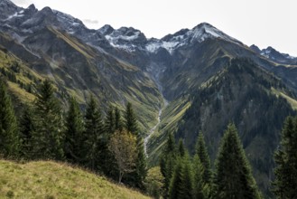 View of the Bacherloch Valley and the mountains of the Allgäu Alps with Wilder Mann and