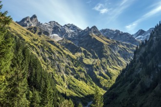 View of the Bacherloch Valley, in the back mountains of the Allgäu Alps with Trettachspitze,