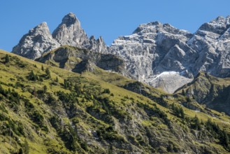 View of Trettachspitze, and Mädelegabel, Allgäu Mountains, near Einödsbach, Oberstdorf, Oberallgäu,
