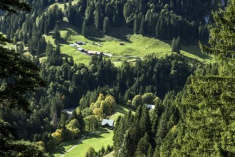 View of Einödsbach and the Rappenalp Valley with Buchrainer Alpe, Oberstdorf, Oberallgäu, Allgäu,