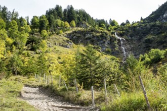 Hiking trail and waterfall down from Einödsberg, Birgsau, Einödsbach, Stillachtal, Oberstdorf,