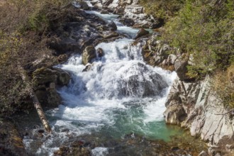 Gorge or Schlucht Ruetz Cataract on the Ruetz River with rapids and waterfall on the Wilde Wasser