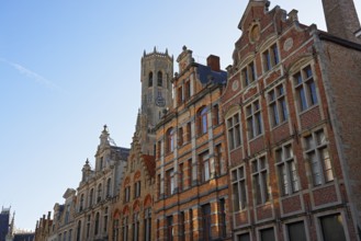 Historic houses in the old town of Bruges with belfry behind it, UNESCO World Heritage Site,